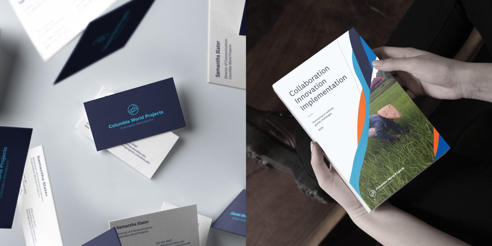 Columbia World Projects business card and booklet