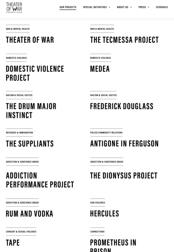 Theater of War Website Design showing text list of projects