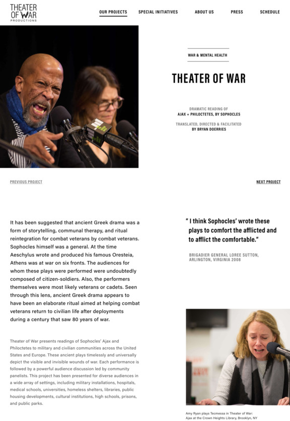 Theater of War Website Design showing an individual project page